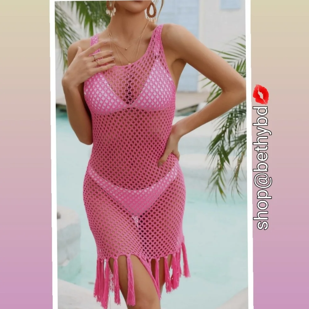 Bright Pink Crochet Coverup/Beach Dress w/ Fringe Hem detail/New Boutique Item - Picture 9 of 9